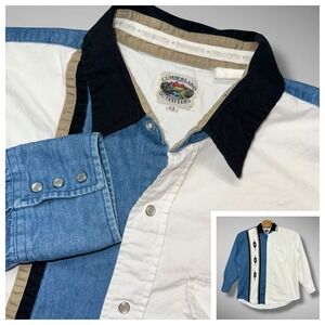 Cumberland Outfitters Shirt Men XL Blue Denim White Western Pearl Snap Aztec VTG